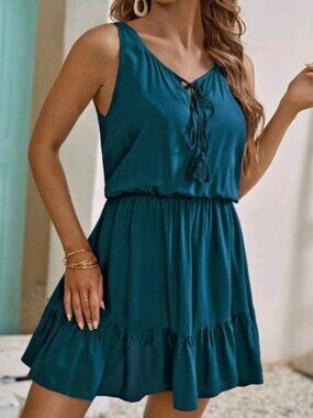 NEW Flowy Boho Tassel Tie Ruffle Mini Dress Dark Teal Blue